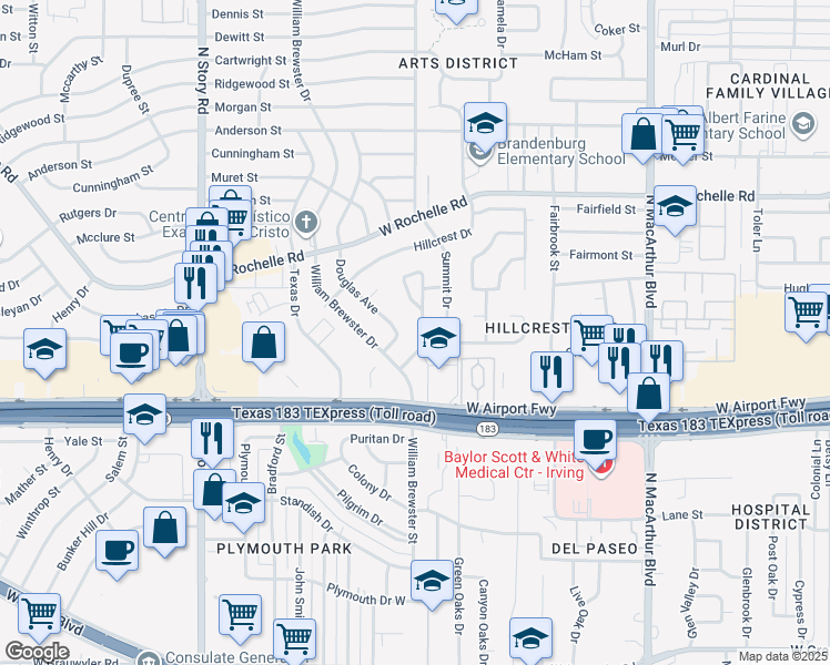 map of restaurants, bars, coffee shops, grocery stores, and more near 2400 Crestview Circle in Irving