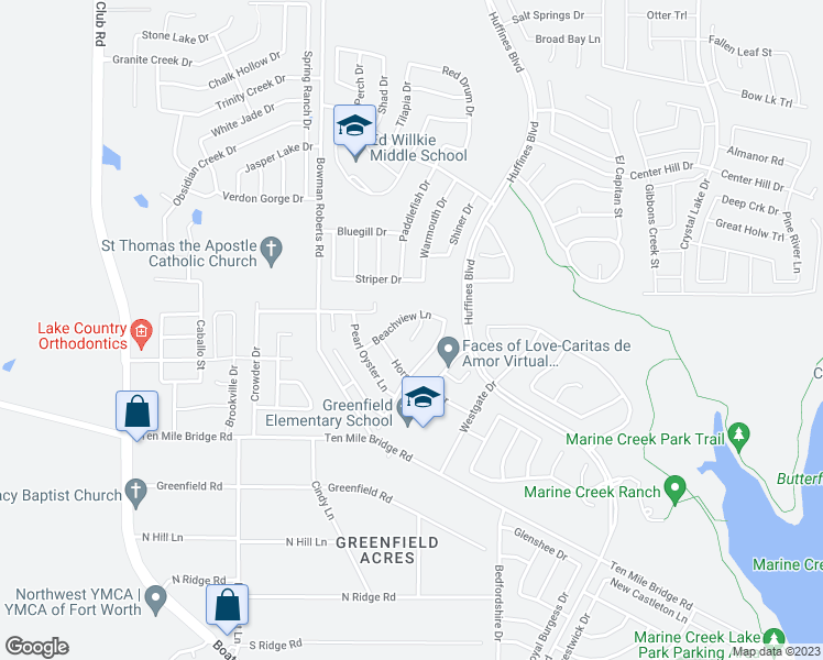 map of restaurants, bars, coffee shops, grocery stores, and more near 5817 Water Ridge Court in Fort Worth