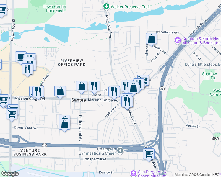 map of restaurants, bars, coffee shops, grocery stores, and more near 10462 Park Avenue in Santee