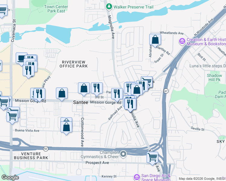 map of restaurants, bars, coffee shops, grocery stores, and more near 10462 Park Avenue in Santee