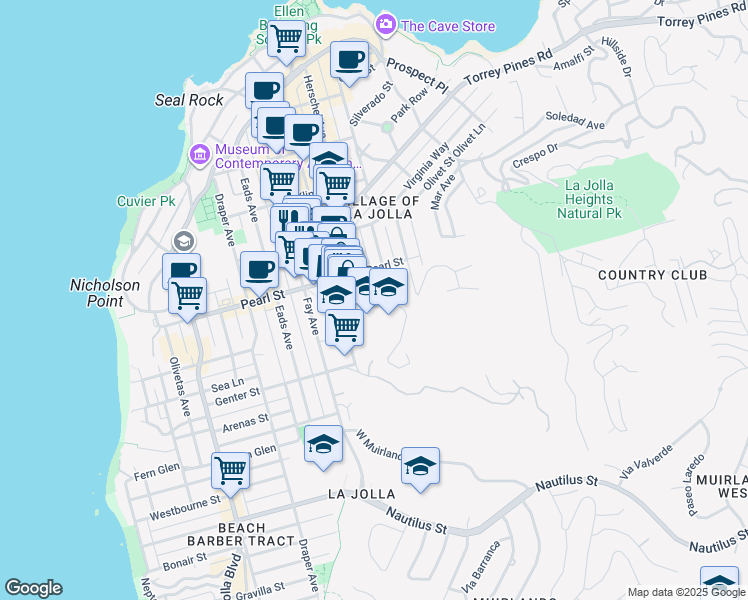 map of restaurants, bars, coffee shops, grocery stores, and more near 7411 Herschel Avenue in San Diego