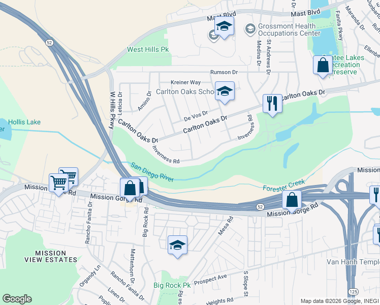 map of restaurants, bars, coffee shops, grocery stores, and more near 8451 Lomker Way in Santee