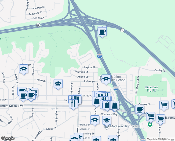 map of restaurants, bars, coffee shops, grocery stores, and more near 5284 Winthrop Street in San Diego