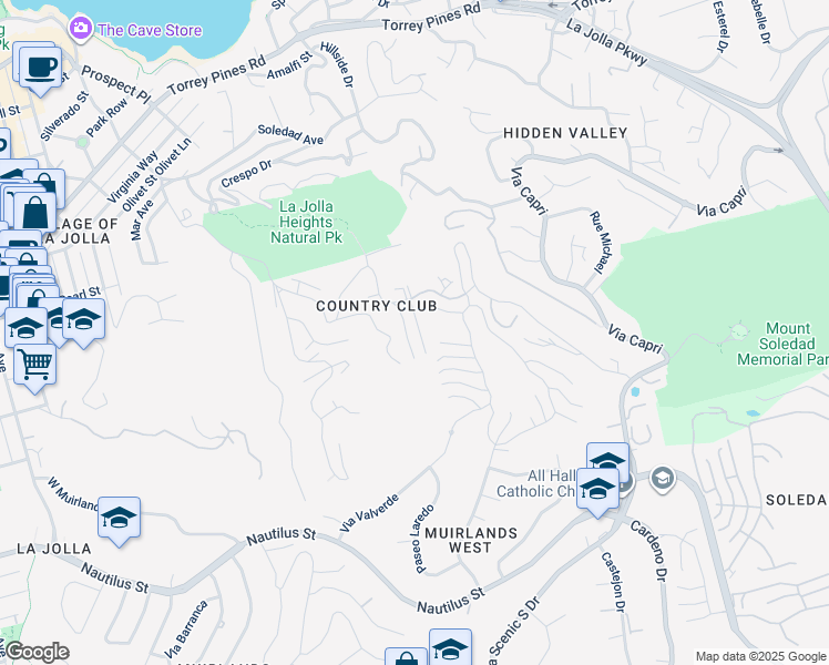 map of restaurants, bars, coffee shops, grocery stores, and more near 7191 Encelia Drive in San Diego