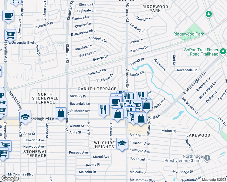 map of restaurants, bars, coffee shops, grocery stores, and more near 6317 Sudbury Drive in Dallas