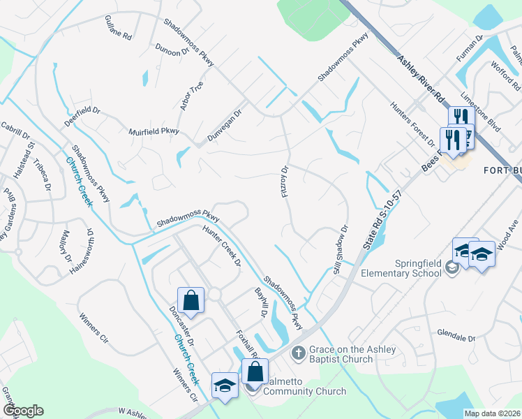 map of restaurants, bars, coffee shops, grocery stores, and more near 125 Brogun Lane in Charleston
