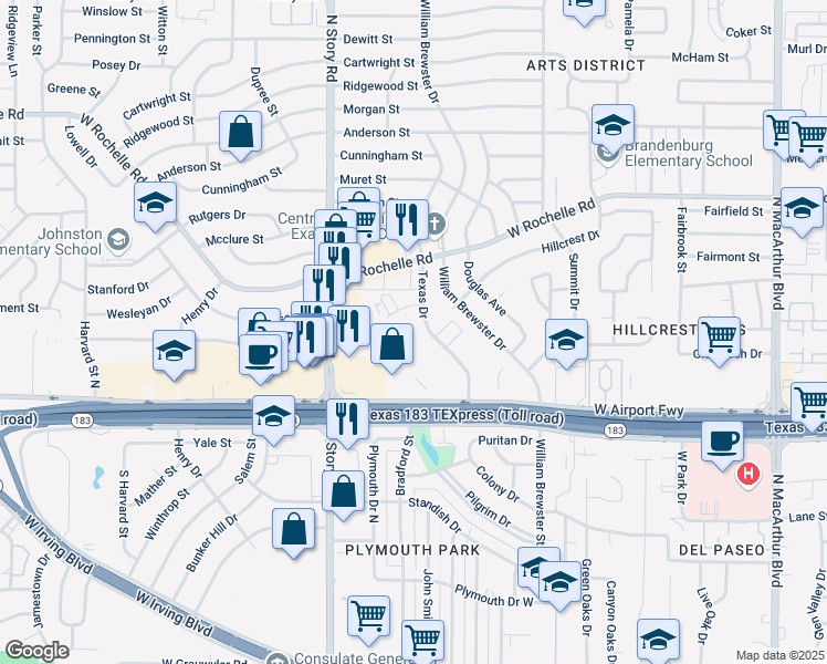 map of restaurants, bars, coffee shops, grocery stores, and more near 2505 Texas Drive in Irving