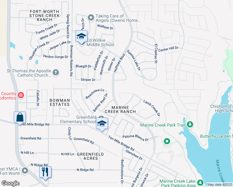 map of restaurants, bars, coffee shops, grocery stores, and more near 6200 Lamb Creek Drive in Fort Worth