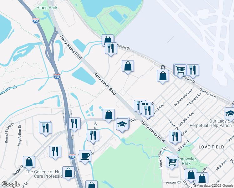 map of restaurants, bars, coffee shops, grocery stores, and more near Harry Hines Boulevard in Dallas