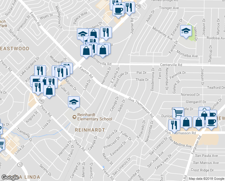 map of restaurants, bars, coffee shops, grocery stores, and more near Wood Dale Drive in Dallas