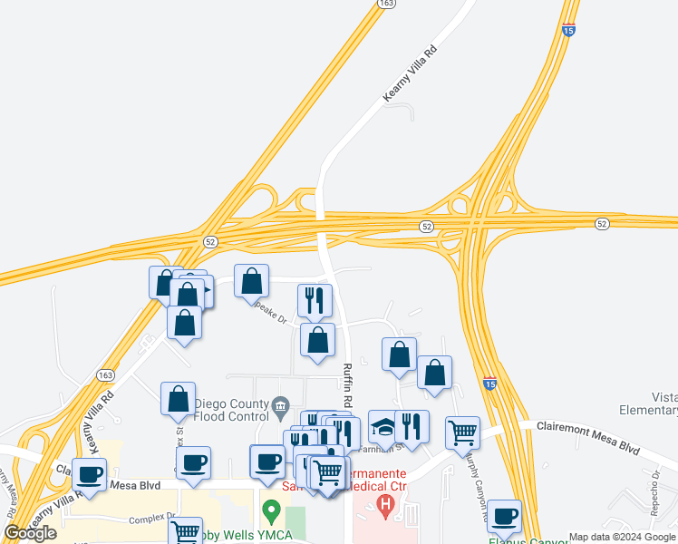 map of restaurants, bars, coffee shops, grocery stores, and more near 9353 Waxie Way in San Diego