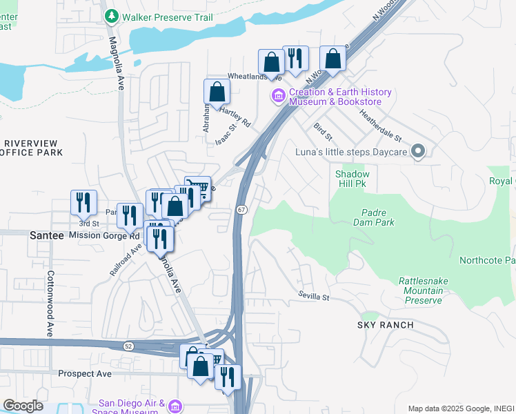 map of restaurants, bars, coffee shops, grocery stores, and more near 3028 Cole Grade Drive in Santee