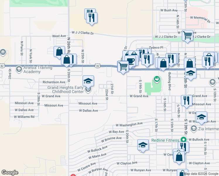 map of restaurants, bars, coffee shops, grocery stores, and more near 2111 West Richardson Avenue in Artesia