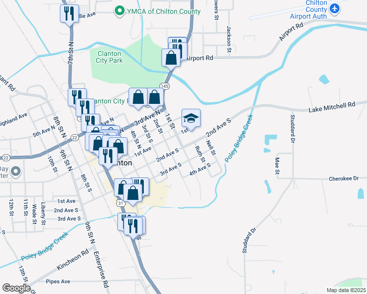 map of restaurants, bars, coffee shops, grocery stores, and more near 15 2nd Ave S in Clanton