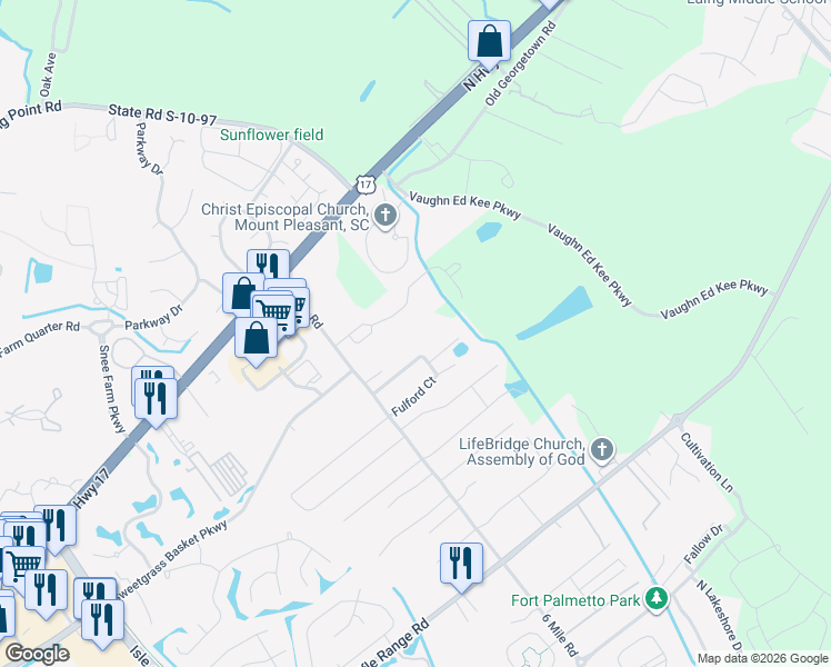map of restaurants, bars, coffee shops, grocery stores, and more near 2200 Ike Drive in Mount Pleasant