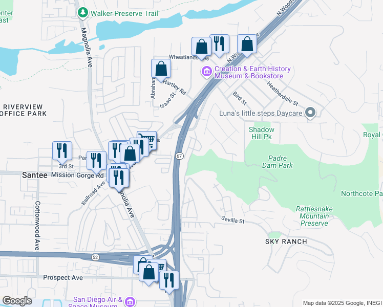 map of restaurants, bars, coffee shops, grocery stores, and more near 3038 Cole Grade Drive in Santee