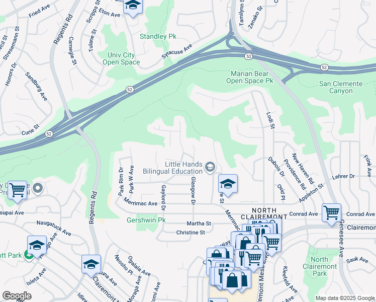 map of restaurants, bars, coffee shops, grocery stores, and more near 5150 Gaylord Drive in San Diego