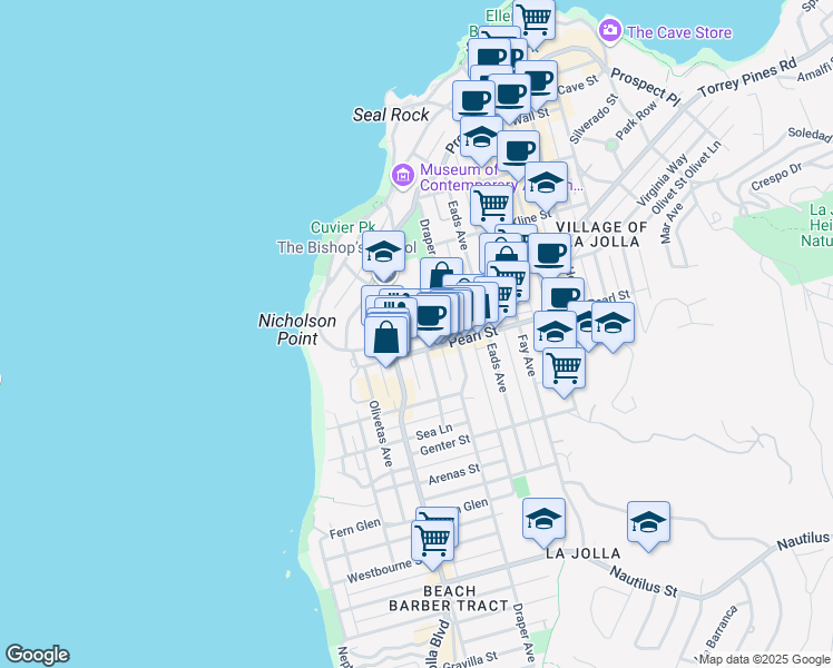 map of restaurants, bars, coffee shops, grocery stores, and more near 510 Pearl Street in San Diego