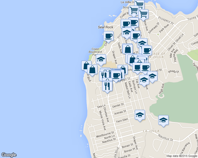 map of restaurants, bars, coffee shops, grocery stores, and more near 7522 La Jolla Boulevard in San Diego