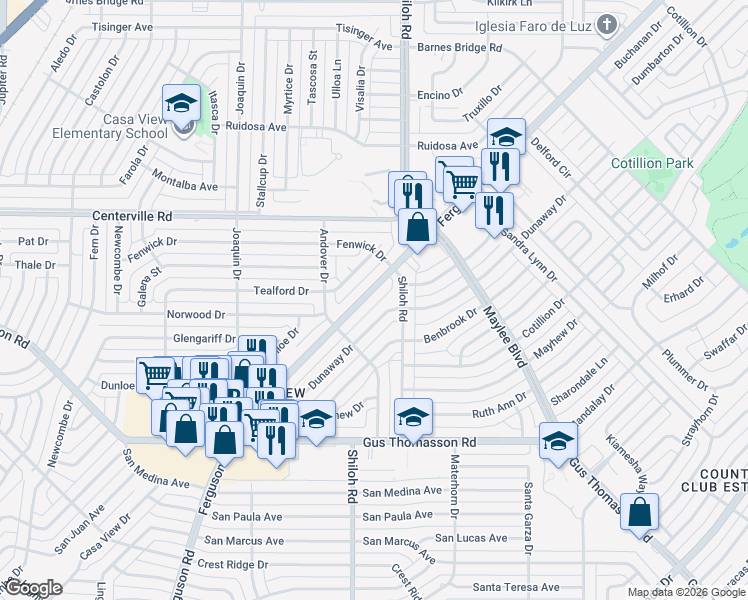 map of restaurants, bars, coffee shops, grocery stores, and more near 10534 Ferguson Road in Dallas