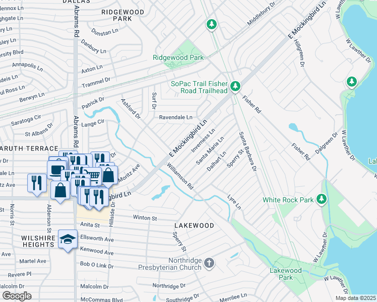 map of restaurants, bars, coffee shops, grocery stores, and more near 6733 Inverness Lane in Dallas