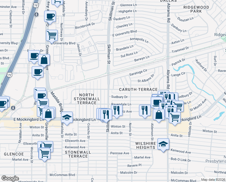 map of restaurants, bars, coffee shops, grocery stores, and more near 6117 Sudbury Drive in Dallas