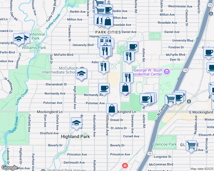 map of restaurants, bars, coffee shops, grocery stores, and more near 5913 Hillcrest Avenue in Dallas