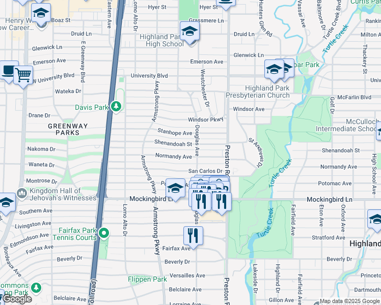 map of restaurants, bars, coffee shops, grocery stores, and more near 4203 Normandy Avenue in Dallas