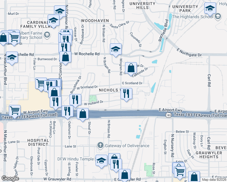 map of restaurants, bars, coffee shops, grocery stores, and more near 120 East Ireland Drive in Irving