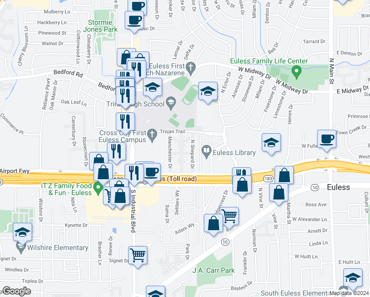 map of restaurants, bars, coffee shops, grocery stores, and more near 138 Manchester Drive in Euless