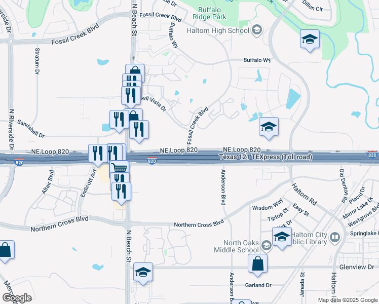 map of restaurants, bars, coffee shops, grocery stores, and more near Interstate 820 TEXpress in Haltom City