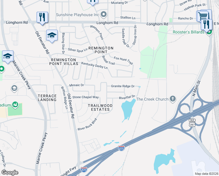 map of restaurants, bars, coffee shops, grocery stores, and more near 5401 Blue Quartz Road in Fort Worth