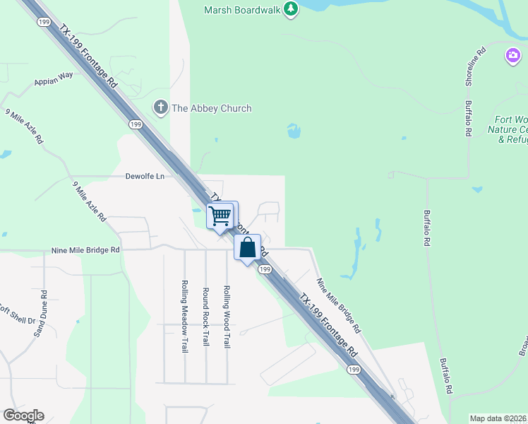 map of restaurants, bars, coffee shops, grocery stores, and more near 10100 Jacksboro Highway in Fort Worth