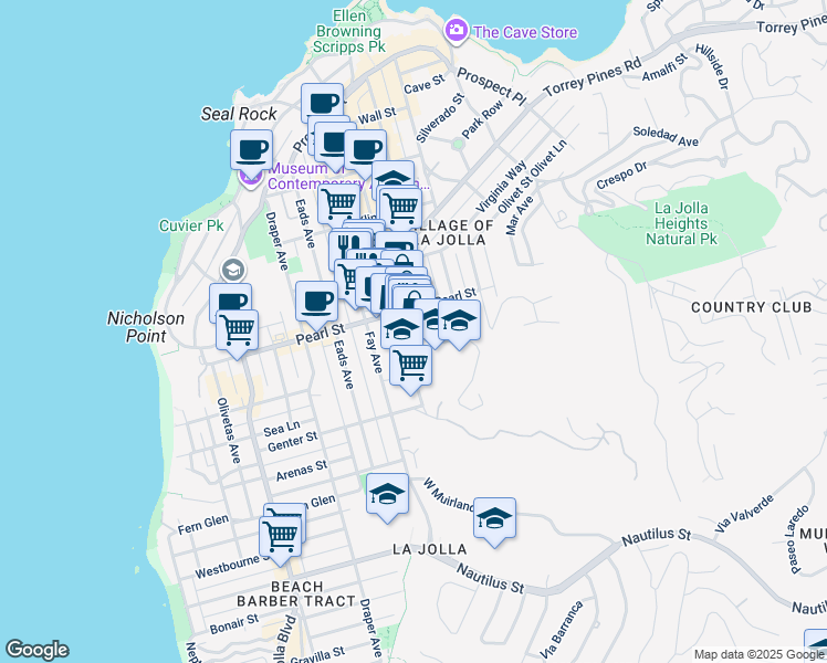 map of restaurants, bars, coffee shops, grocery stores, and more near 1111 Marine Street in San Diego