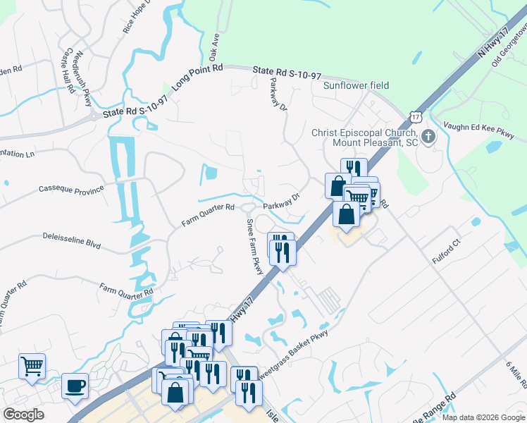 map of restaurants, bars, coffee shops, grocery stores, and more near 1123 Monaco Drive in Mount Pleasant