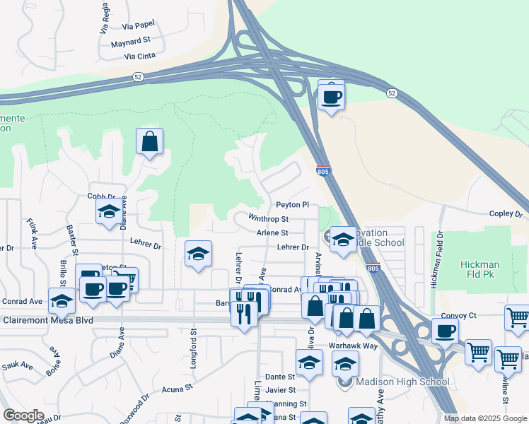 map of restaurants, bars, coffee shops, grocery stores, and more near 5162 Limerick Avenue in San Diego
