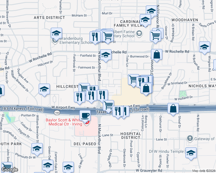 map of restaurants, bars, coffee shops, grocery stores, and more near 2346 North MacArthur Boulevard in Irving