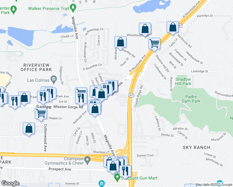 map of restaurants, bars, coffee shops, grocery stores, and more near 10770 Riderwood Terrace in Santee