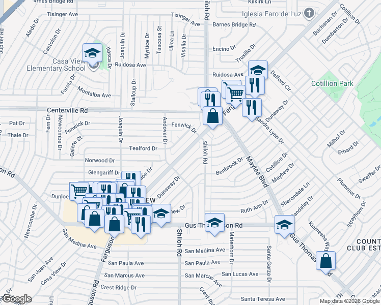 map of restaurants, bars, coffee shops, grocery stores, and more near 10534 Ferguson Road in Dallas