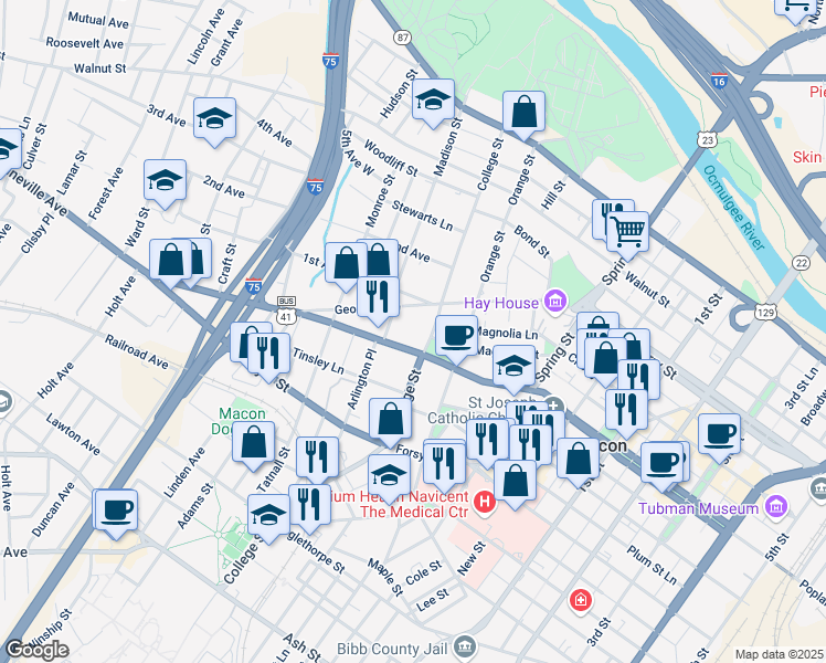 map of restaurants, bars, coffee shops, grocery stores, and more near in Macon