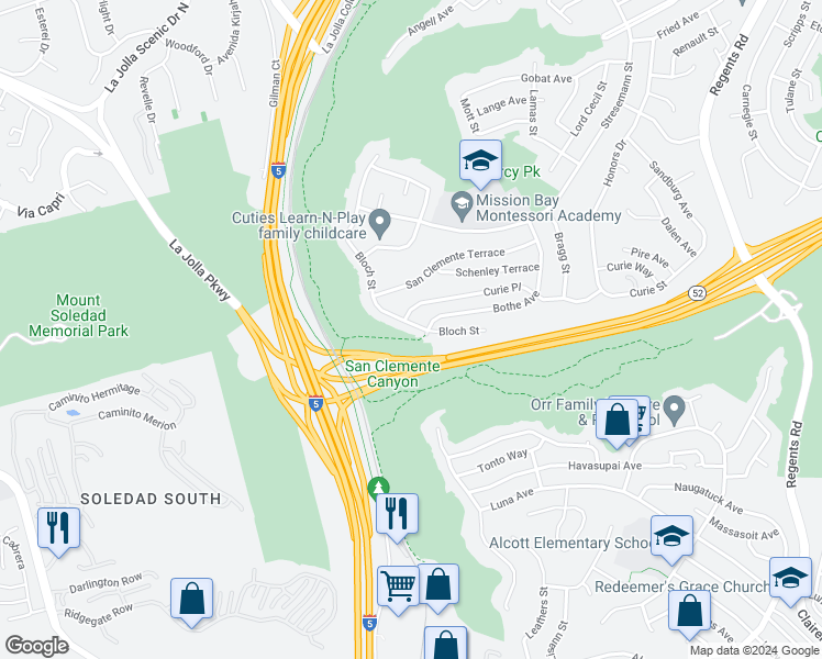 map of restaurants, bars, coffee shops, grocery stores, and more near 5264 Bloch Street in San Diego
