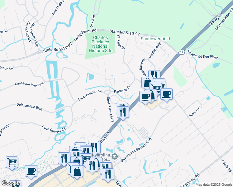 map of restaurants, bars, coffee shops, grocery stores, and more near 1123 Monaco Drive in Mount Pleasant