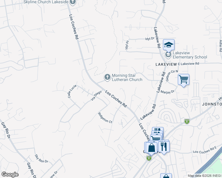 map of restaurants, bars, coffee shops, grocery stores, and more near 9009 Los Coches Road in Lakeside