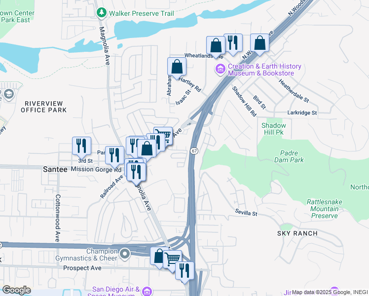 map of restaurants, bars, coffee shops, grocery stores, and more near 10794 Riderwood Terrace in Santee