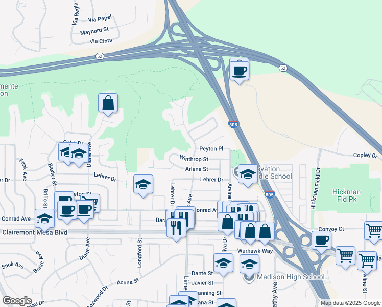 map of restaurants, bars, coffee shops, grocery stores, and more near 5162 Limerick Avenue in San Diego