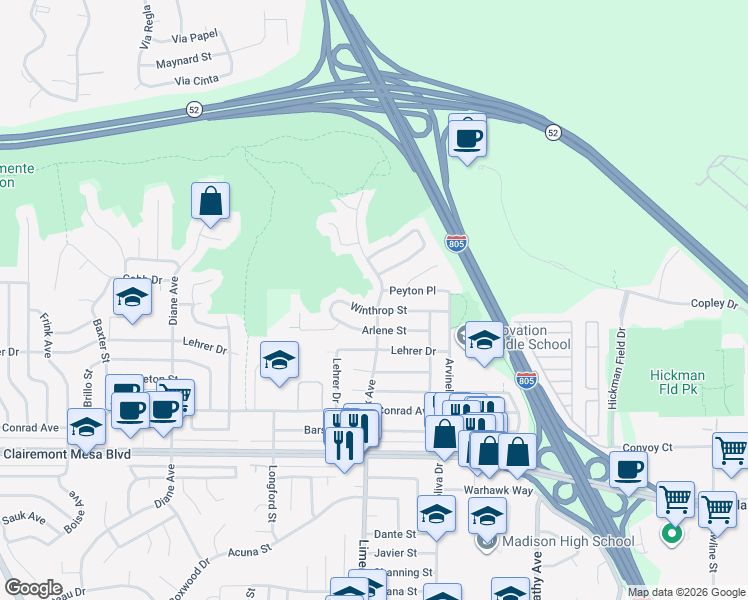 map of restaurants, bars, coffee shops, grocery stores, and more near 5162 Limerick Avenue in San Diego