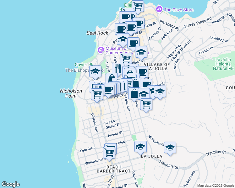 map of restaurants, bars, coffee shops, grocery stores, and more near 701 Pearl Street in San Diego