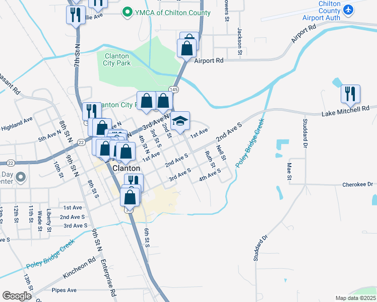 map of restaurants, bars, coffee shops, grocery stores, and more near 15 2nd Avenue South in Clanton