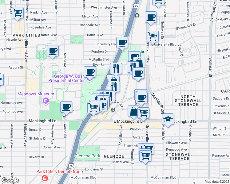 map of restaurants, bars, coffee shops, grocery stores, and more near 6080 North Central Expressway in Dallas