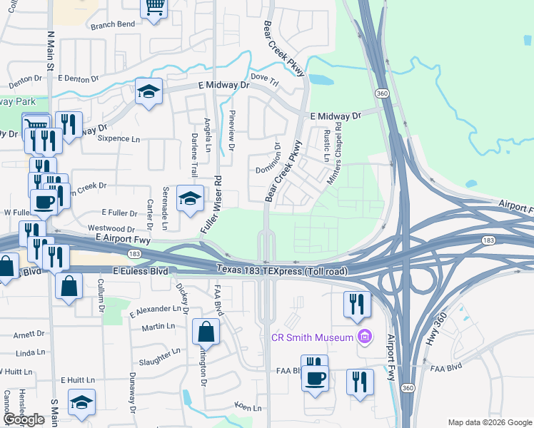 map of restaurants, bars, coffee shops, grocery stores, and more near 4992 American Boulevard in Euless